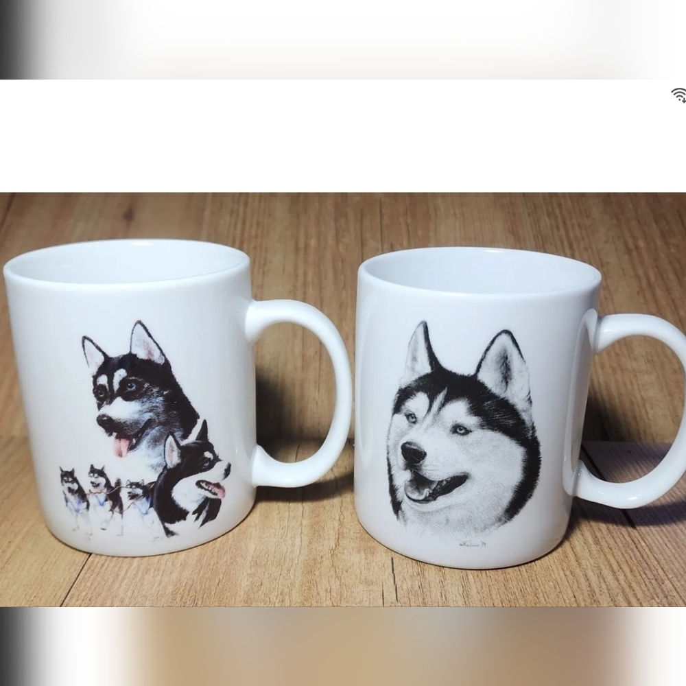 2 Vintage Siberian Husky Dog Cups Mugs Coffee Drinks Set